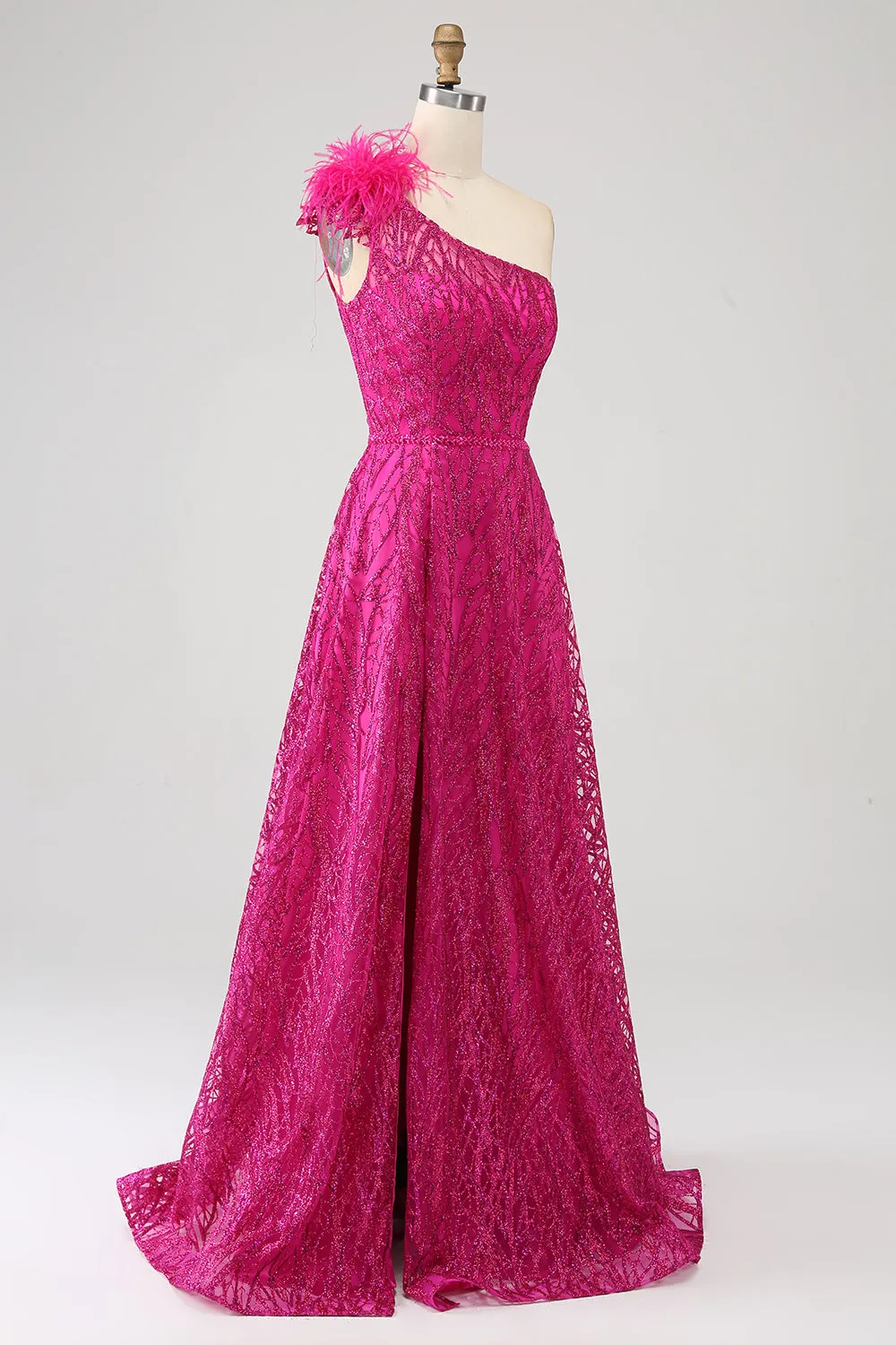 Fuchsia A-Line One Shoulder Feather Sequin Long Prom Dress With Slit sold by Zapaka product image thumbnail 3