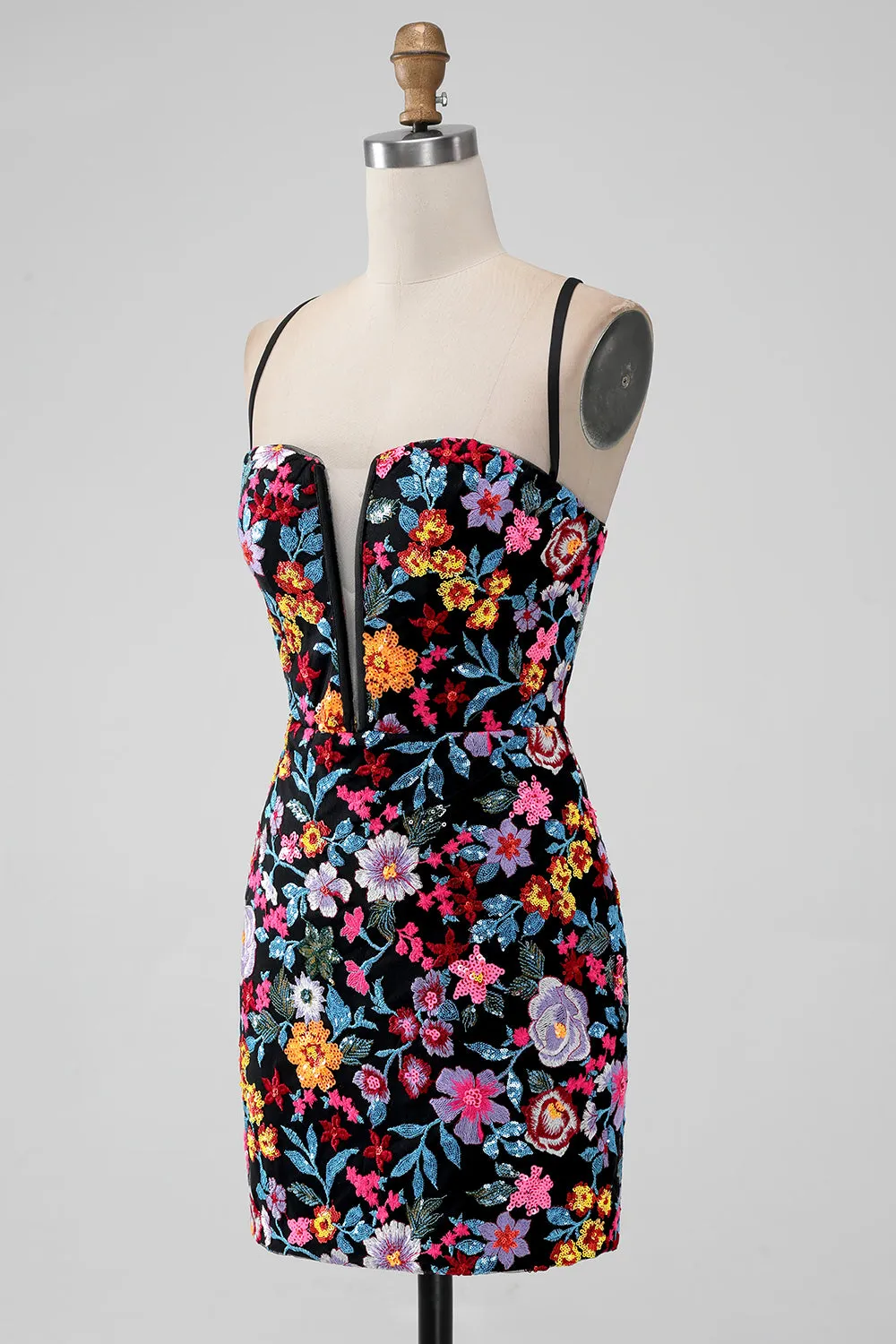 Black Flower Bodycon V Neck Spaghetti Straps Short Homecoming Dress sold by Zapaka product image thumbnail 3
