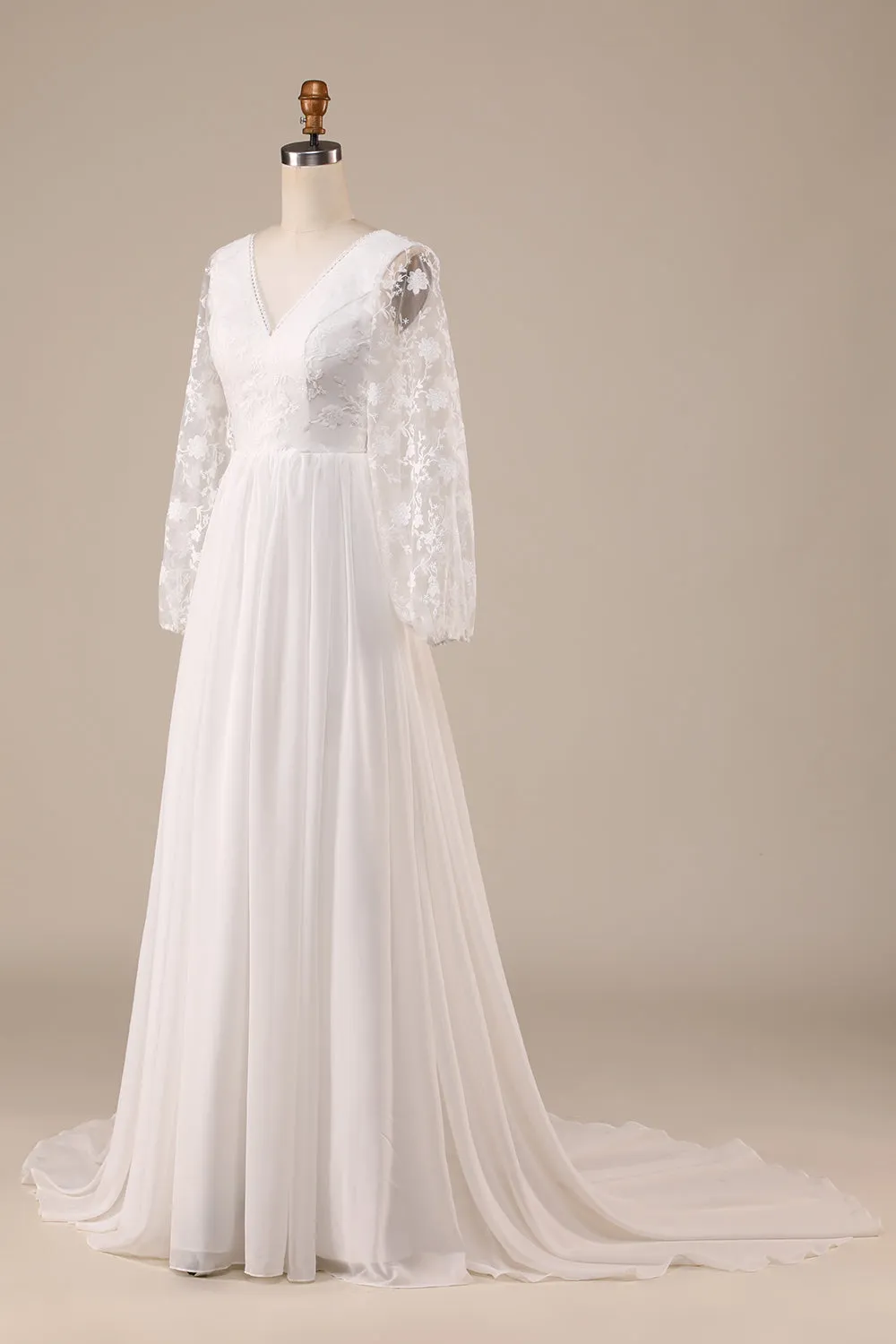 Ivory Chiffon Sweep Train Boho Wedding Dress with Lace sold by Zapaka product image thumbnail 3