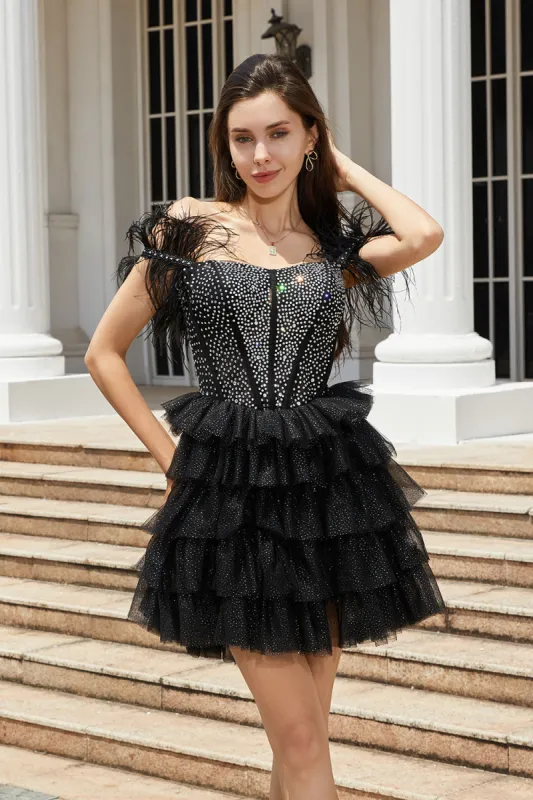 Sparkly Black Beaded Corset A-Line Short Homecoming Dress with Feathers made by Zapaka