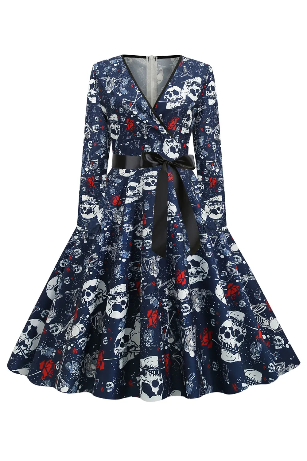 V Neck Skull Printed Navy Halloween Dress sold by Zapaka