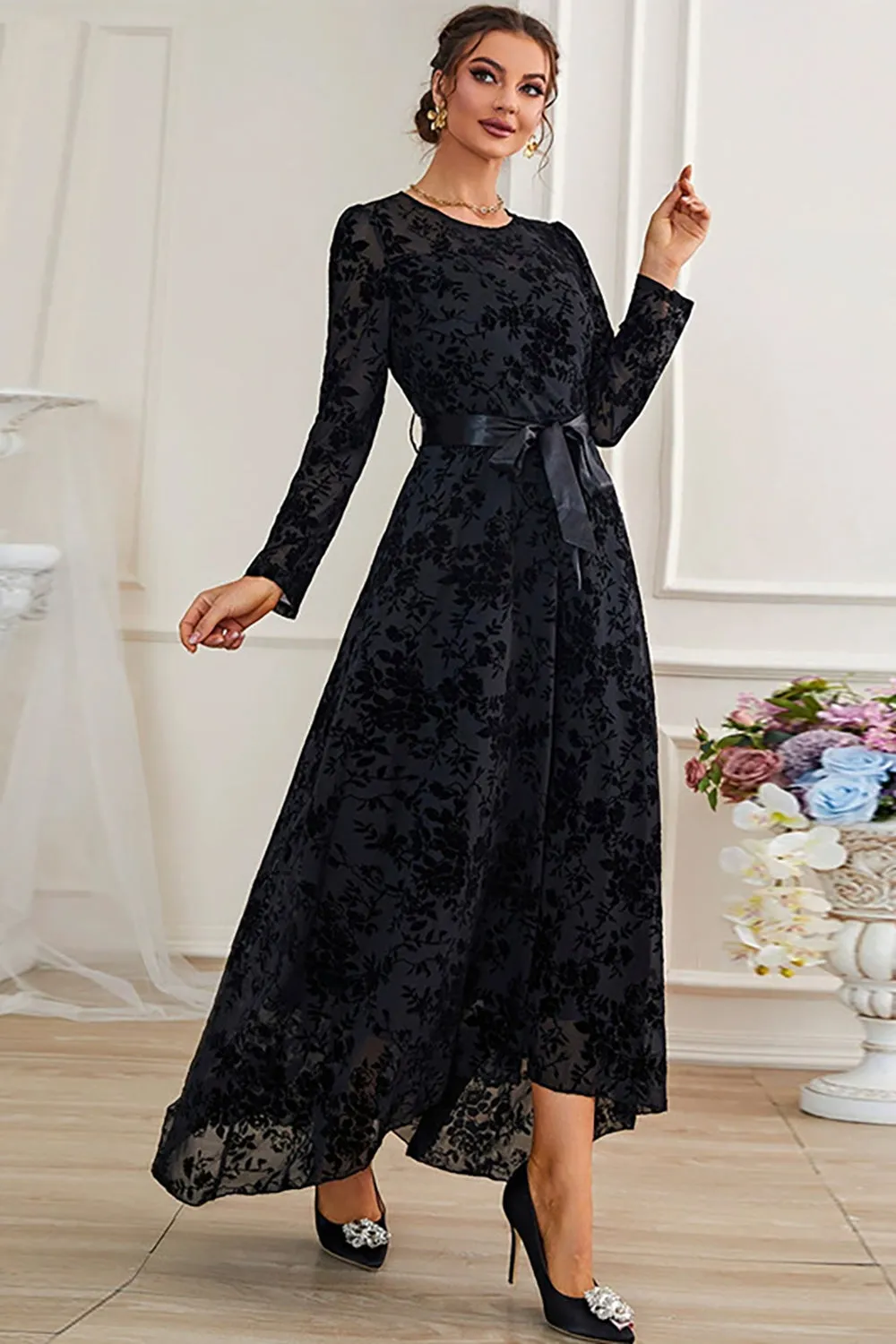 A-Line Long Sleeves Lace Black Formal Dress with Sash sold by Zapaka product image thumbnail 4