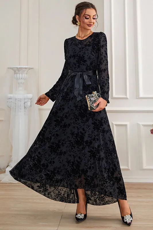 A-Line Long Sleeves Lace Black Formal Dress with Sash sold by Zapaka