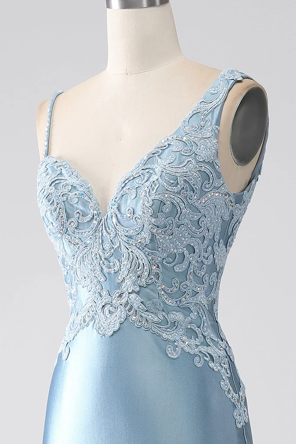 Grey Blue Mermaid Spaghetti Straps Long Beaded Prom Dress With Appliques sold by Zapaka product image thumbnail 5