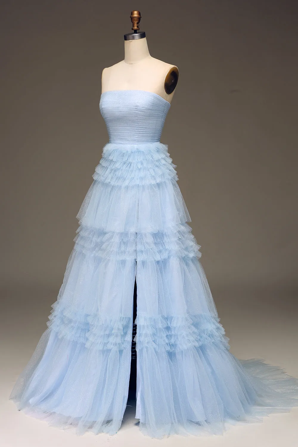 Light Blue Tulle A-Line Tiered Strapless Long Prom Dress sold by Zapaka product image thumbnail 3