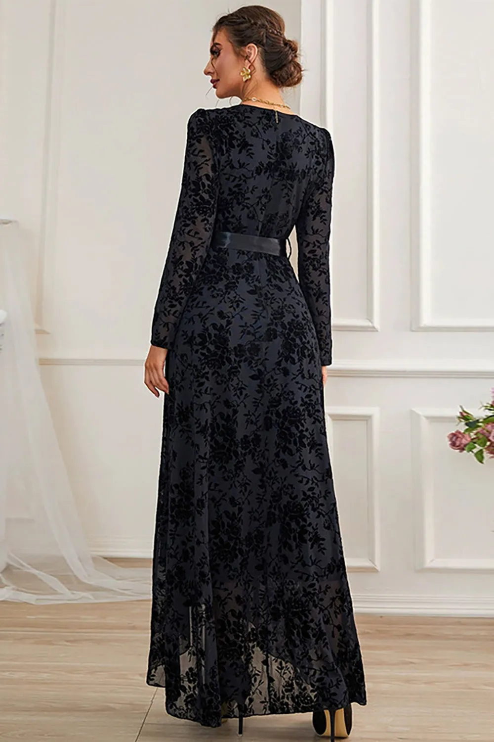 A-Line Long Sleeves Lace Black Formal Dress with Sash sold by Zapaka product image thumbnail 2