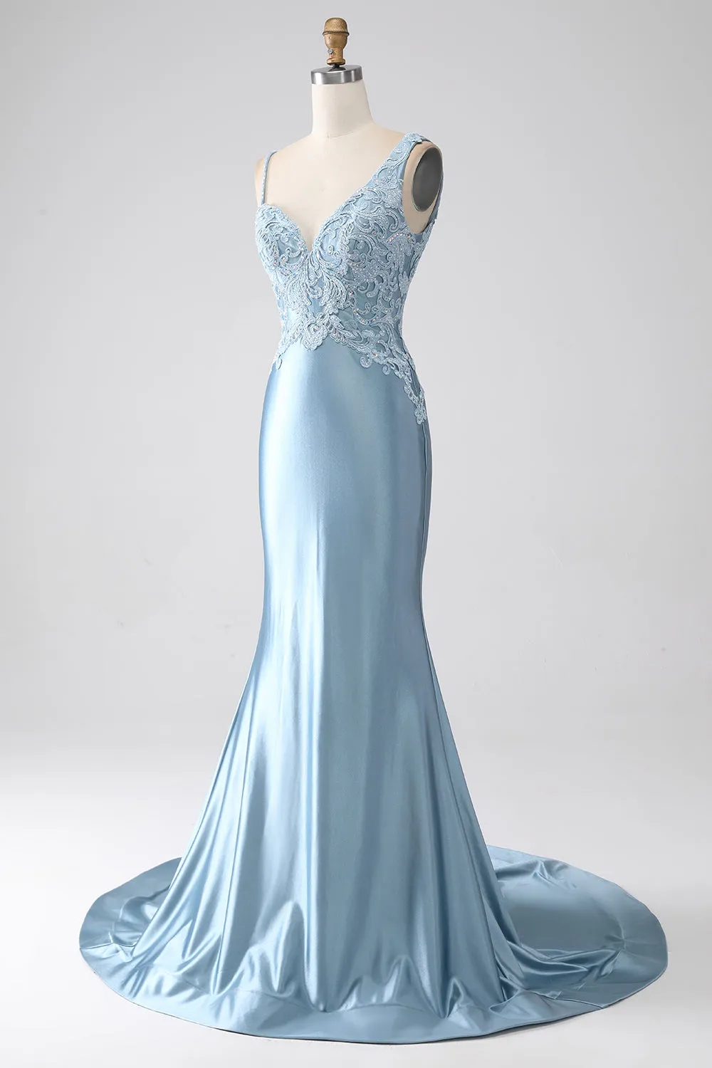 Grey Blue Mermaid Spaghetti Straps Long Beaded Prom Dress With Appliques sold by Zapaka product image thumbnail 3
