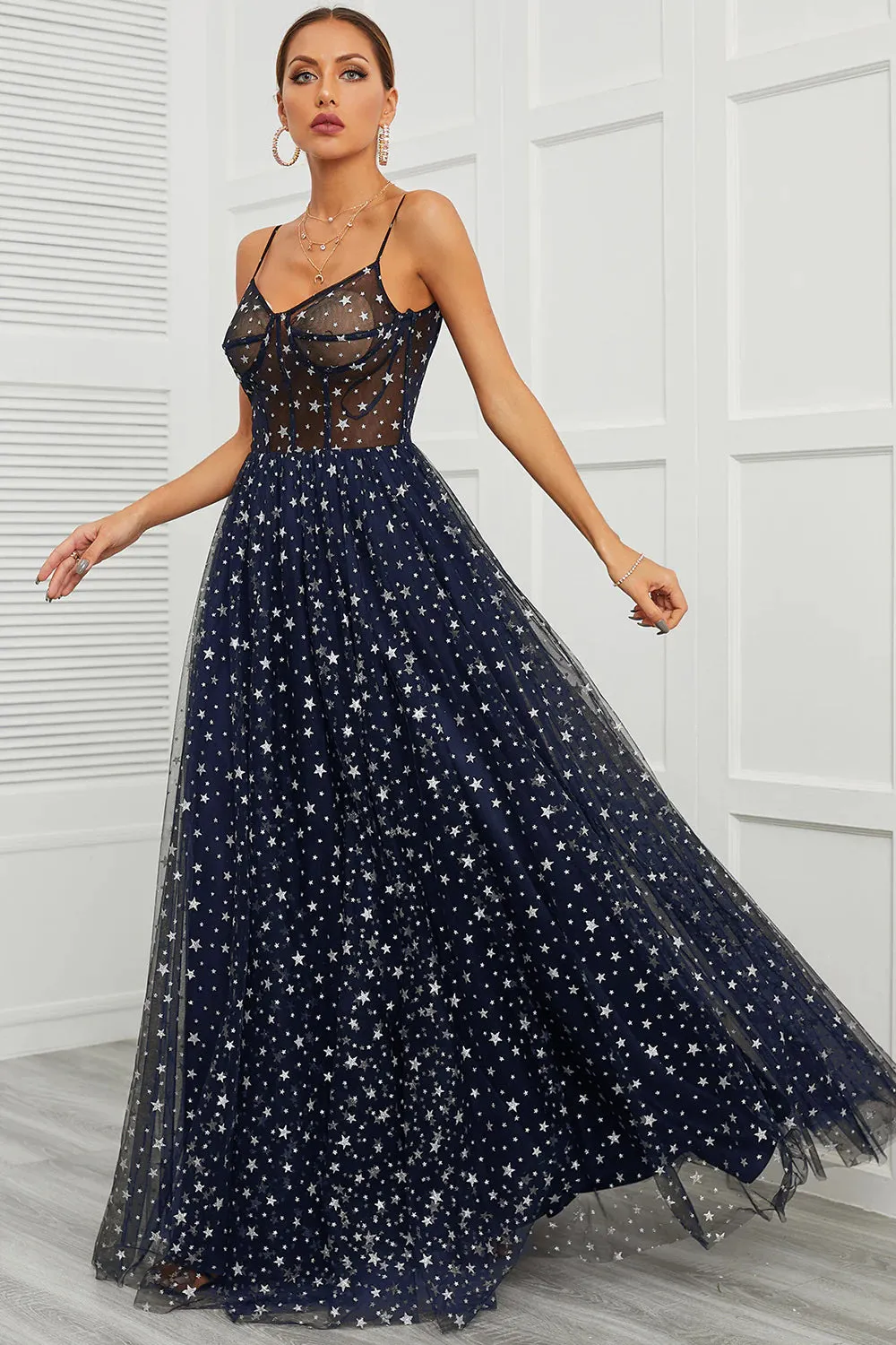 Spaghetti Straps Navy Long Prom Dress with Star sold by Zapaka product image thumbnail 5