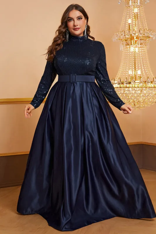 Navy A Line High Neck Long Sleeves Plus Size Prom Dress with Sequins made by Zapaka