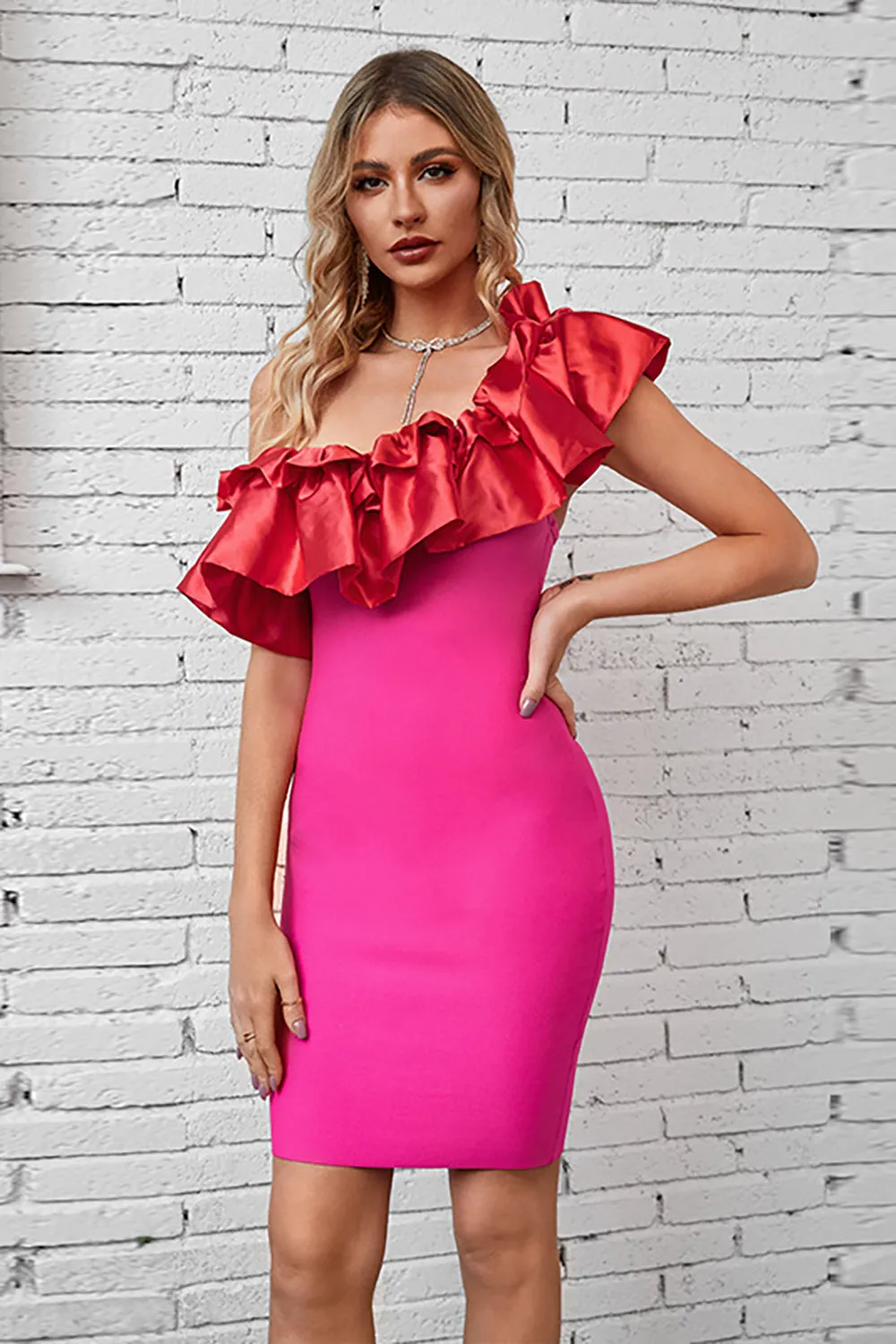 Hot Pink One Shoulder Cocktail Dress with Ruffles sold by Zapaka product image thumbnail 4