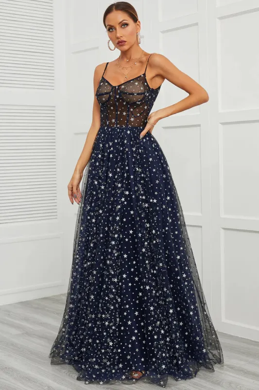Spaghetti Straps Navy Long Prom Dress with Star sold by Zapaka