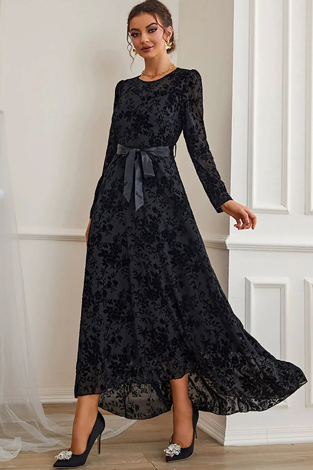 A-Line Long Sleeves Lace Black Formal Dress with Sash sold by Zapaka product image thumbnail 3