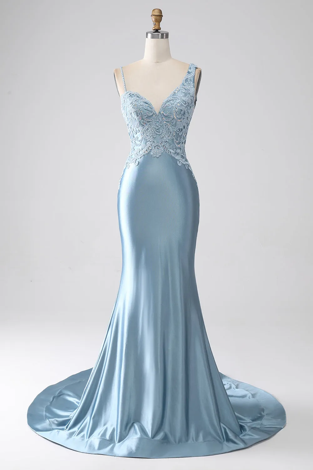 Grey Blue Mermaid Spaghetti Straps Long Beaded Prom Dress With Appliques sold by Zapaka
