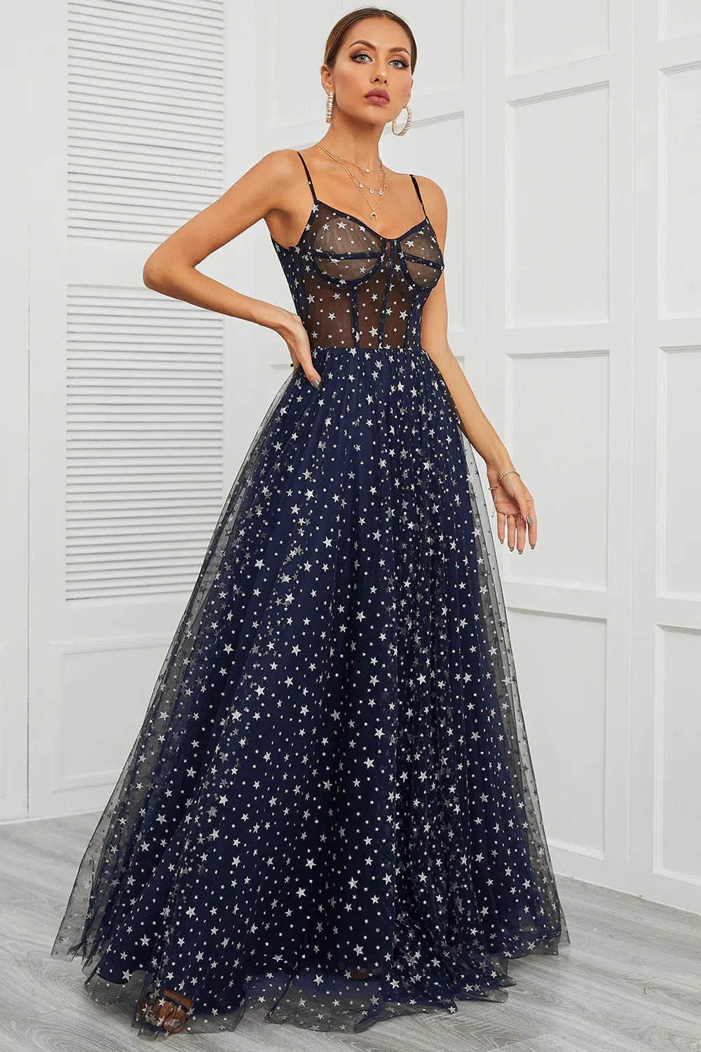 Spaghetti Straps Navy Long Prom Dress with Star sold by Zapaka product image thumbnail 4