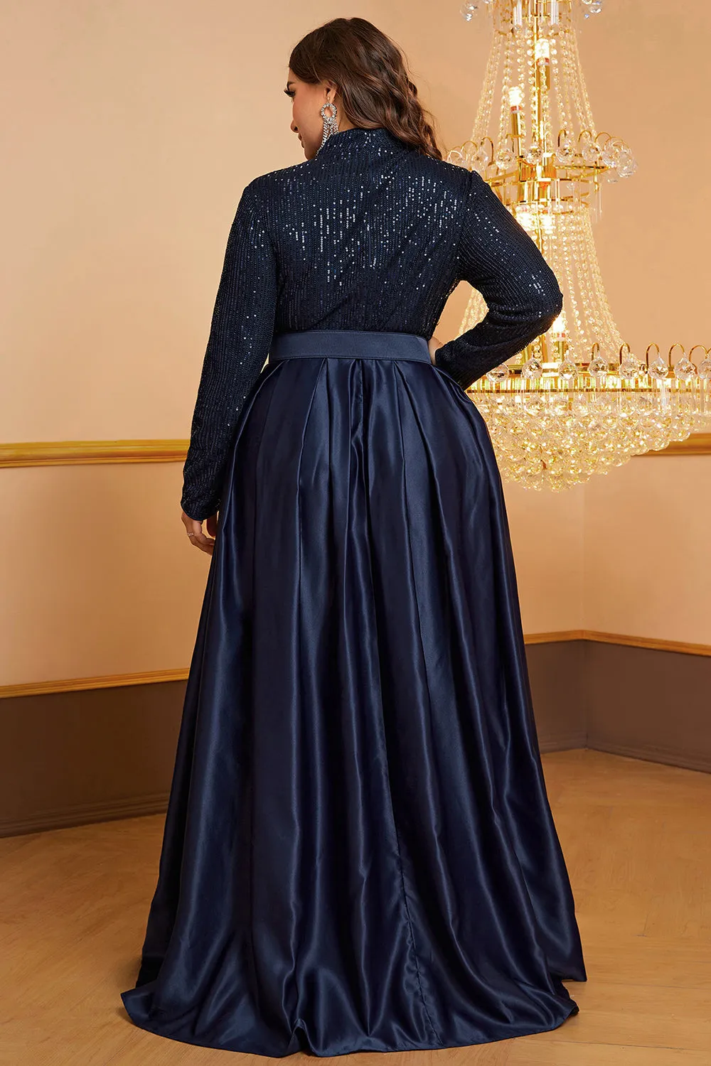 Navy A Line High Neck Long Sleeves Plus Size Prom Dress with Sequins sold by Zapaka product image thumbnail 2