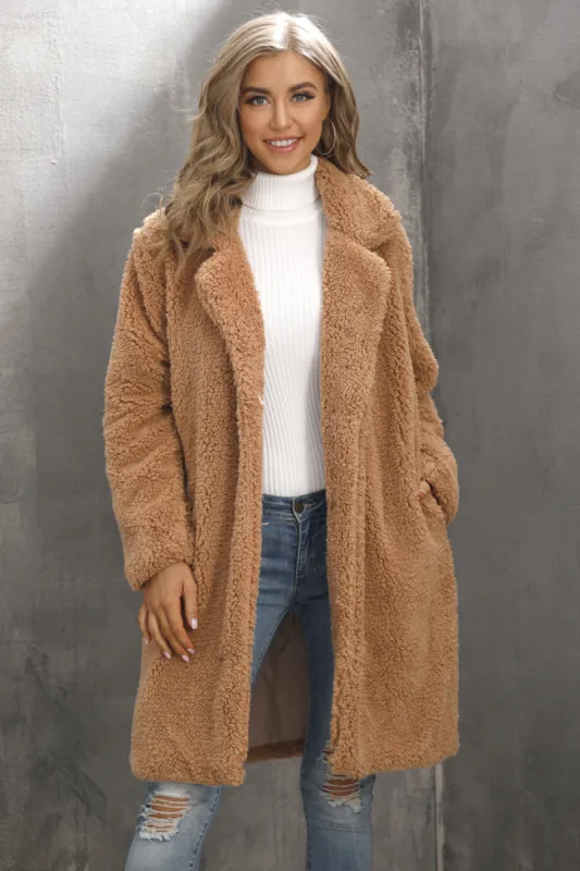 Camel Notched Lapel Long Faux Fur Women Coat sold by Zapaka