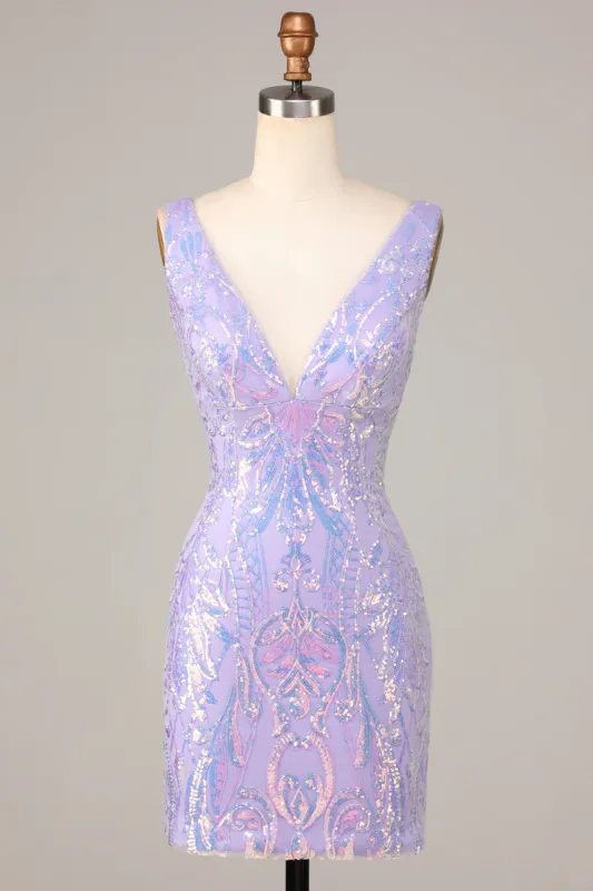 Lost In Your Eyes Bodycon V-Neck Lilac Sequins Short Homecoming Dress sold by Zapaka
