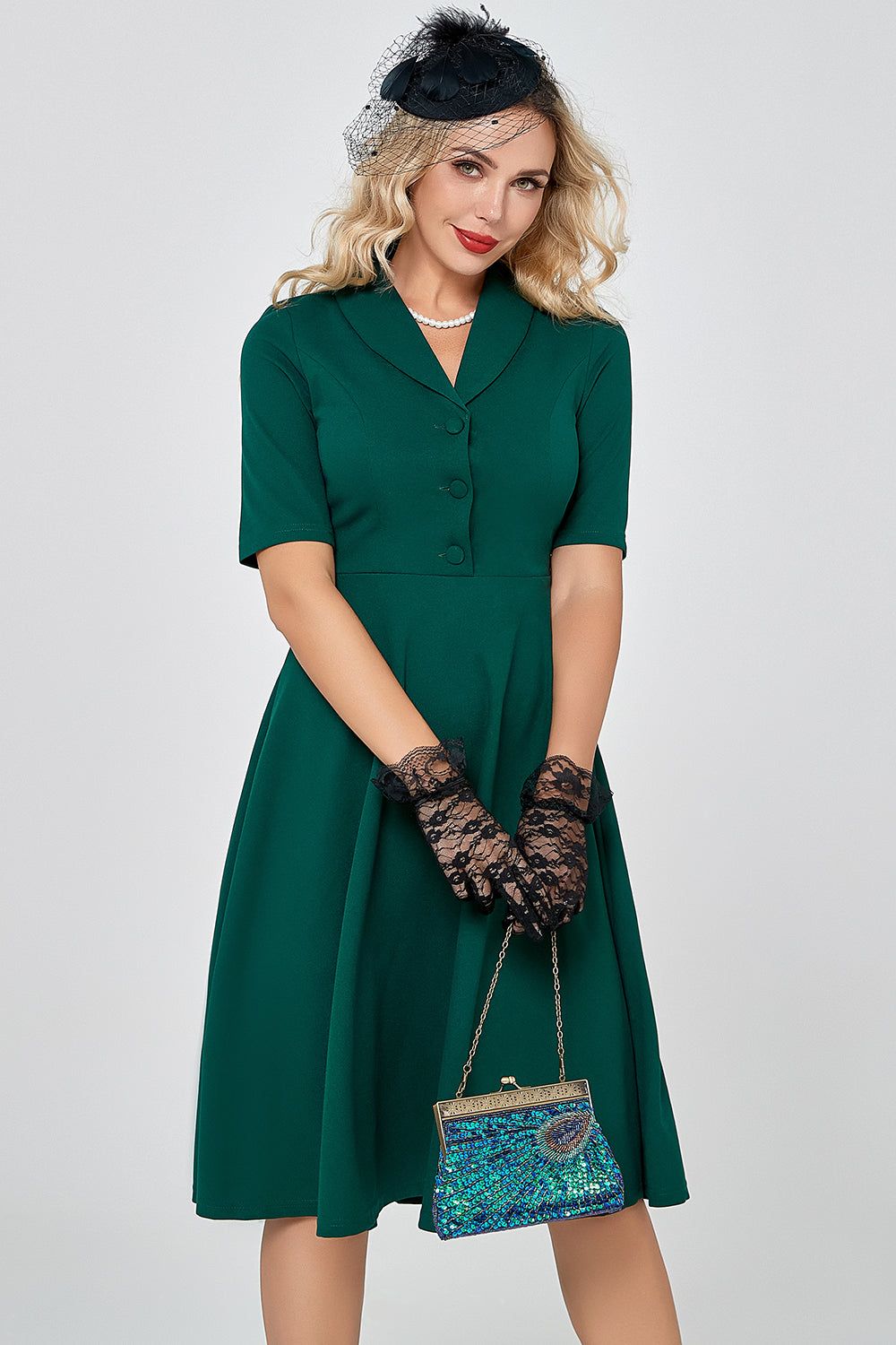 Dark Green Short Sleeves Vintage 1950s Dress with Buttom sold by Zapaka product image thumbnail 3