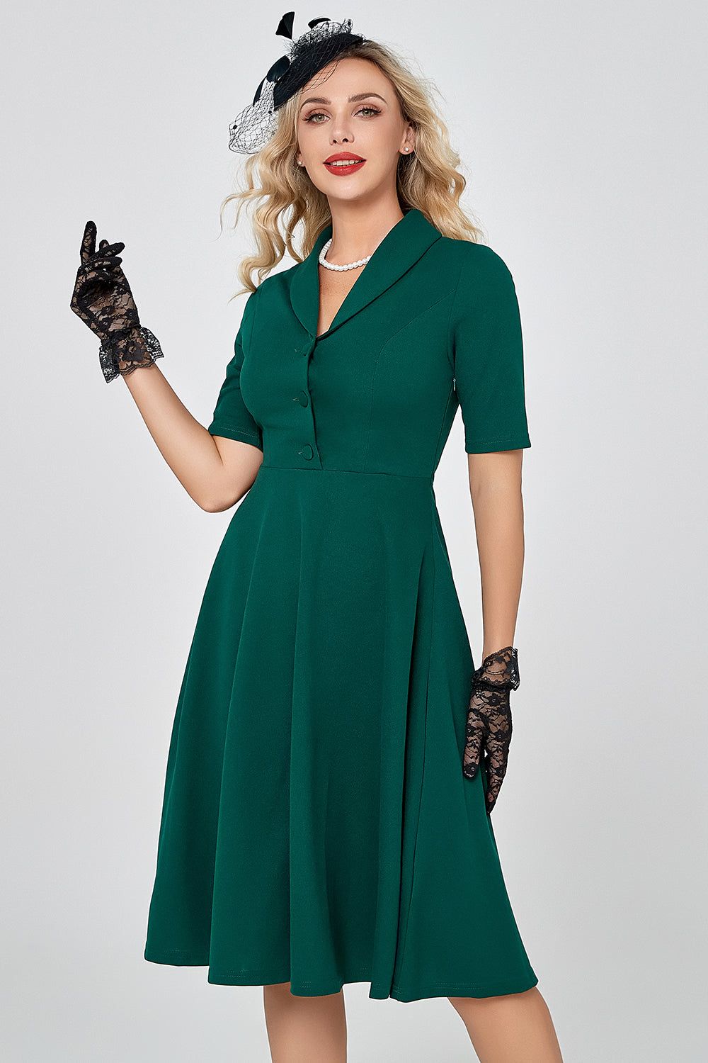 Dark Green Short Sleeves Vintage 1950s Dress with Buttom sold by Zapaka