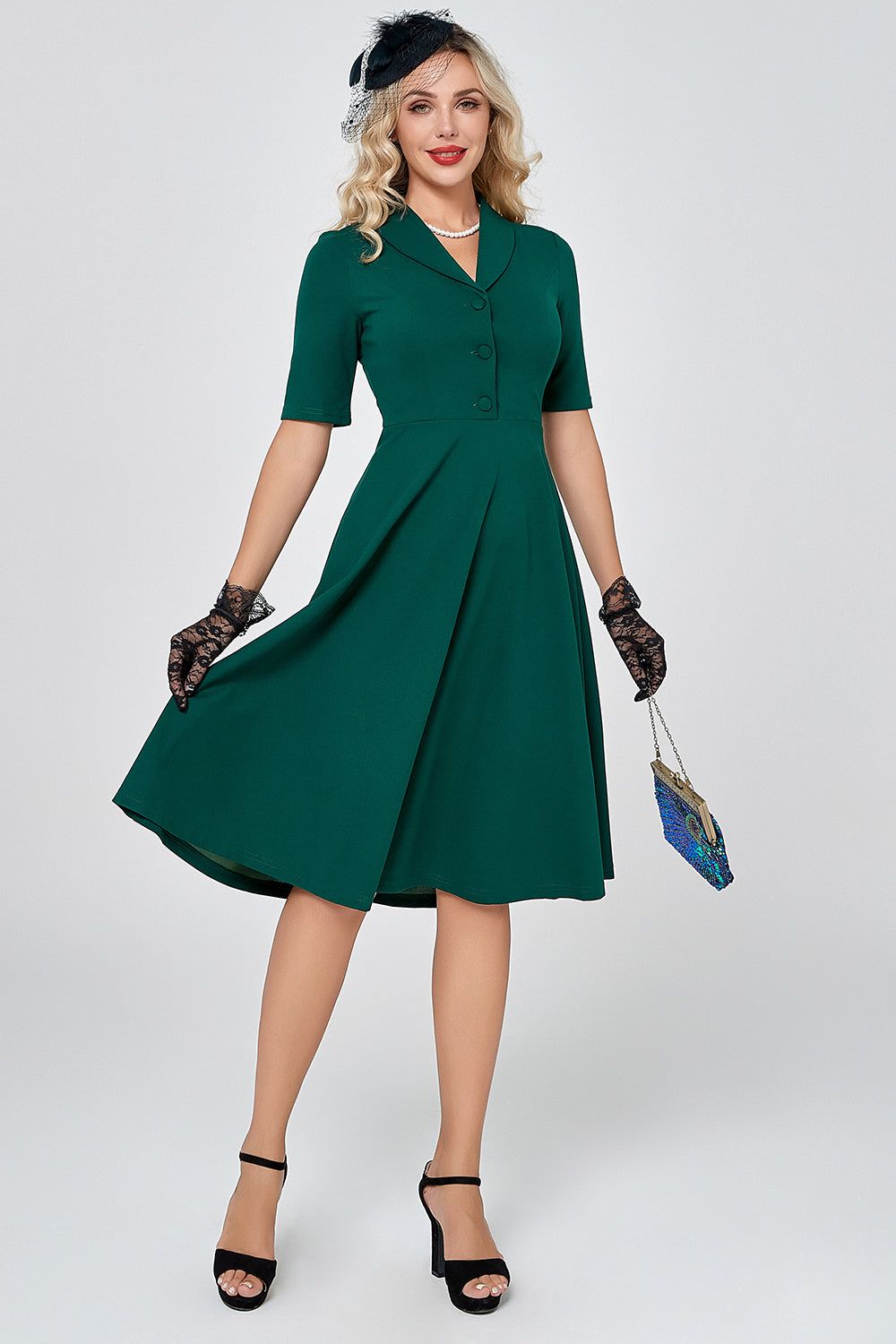 Dark Green Short Sleeves Vintage 1950s Dress with Buttom sold by Zapaka product image thumbnail 5
