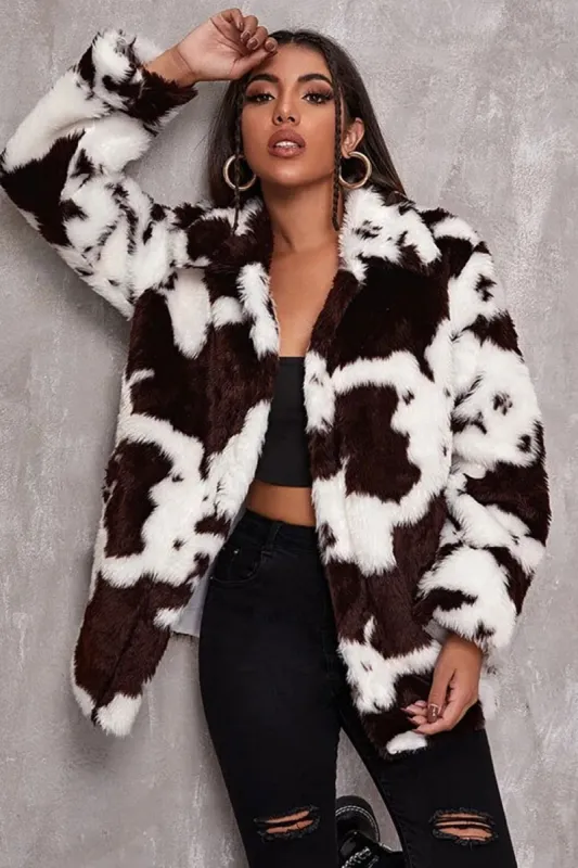 White Cow Pattern Midi Faux Fur Shearling Coat sold by Zapaka