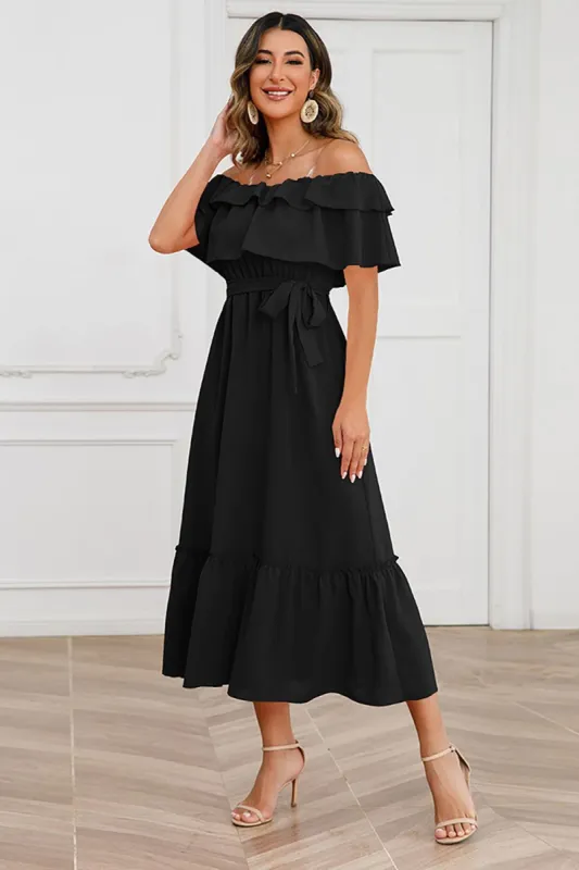 A-Line Off The Shoulder Black Casual Dress with Ruffles sold by Zapaka