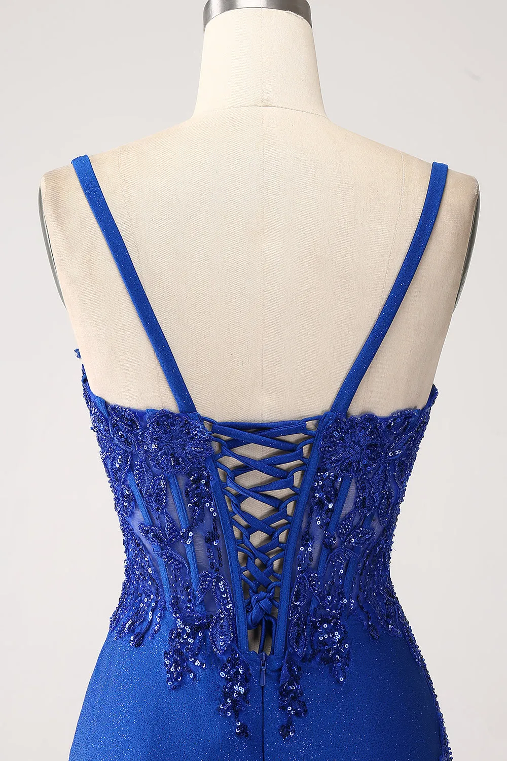 Glitter Royal Blue Mermaid Spaghetti Straps Long Prom Dress with Appliques sold by Zapaka product image thumbnail 5