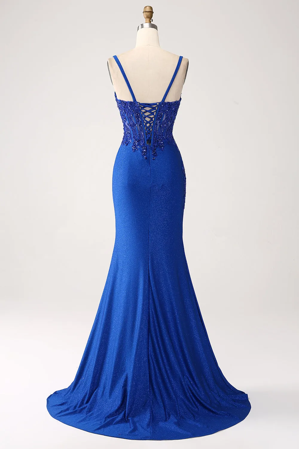 Glitter Royal Blue Mermaid Spaghetti Straps Long Prom Dress with Appliques sold by Zapaka product image thumbnail 2