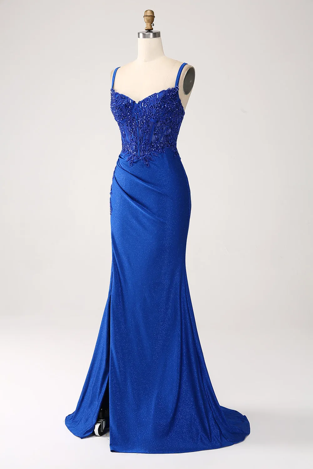 Glitter Royal Blue Mermaid Spaghetti Straps Long Prom Dress with Appliques sold by Zapaka product image thumbnail 3