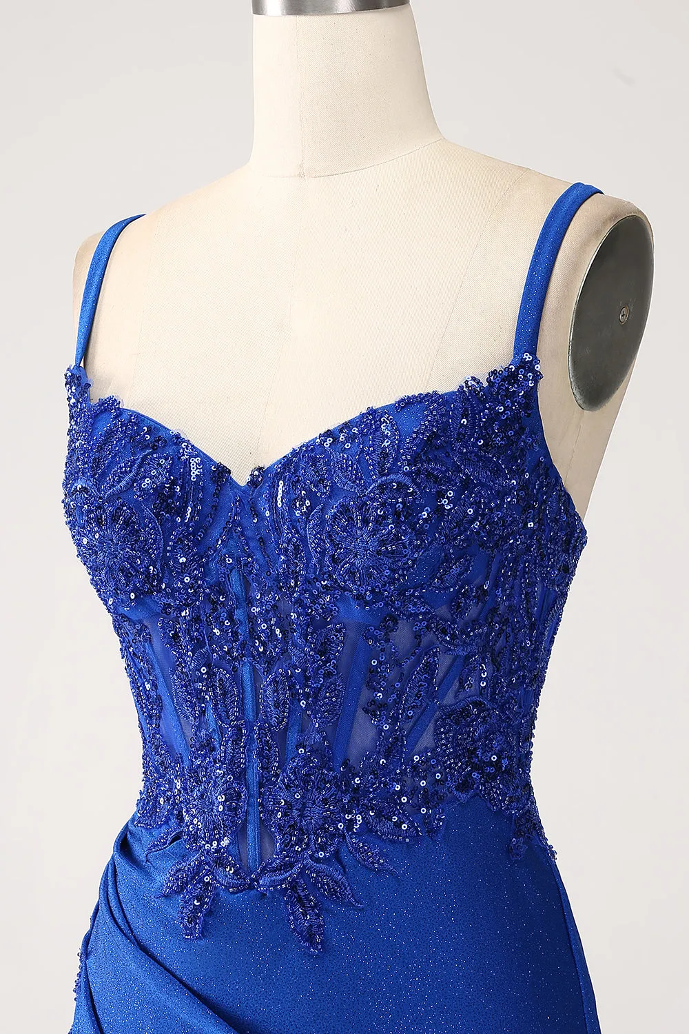 Glitter Royal Blue Mermaid Spaghetti Straps Long Prom Dress with Appliques sold by Zapaka product image thumbnail 4