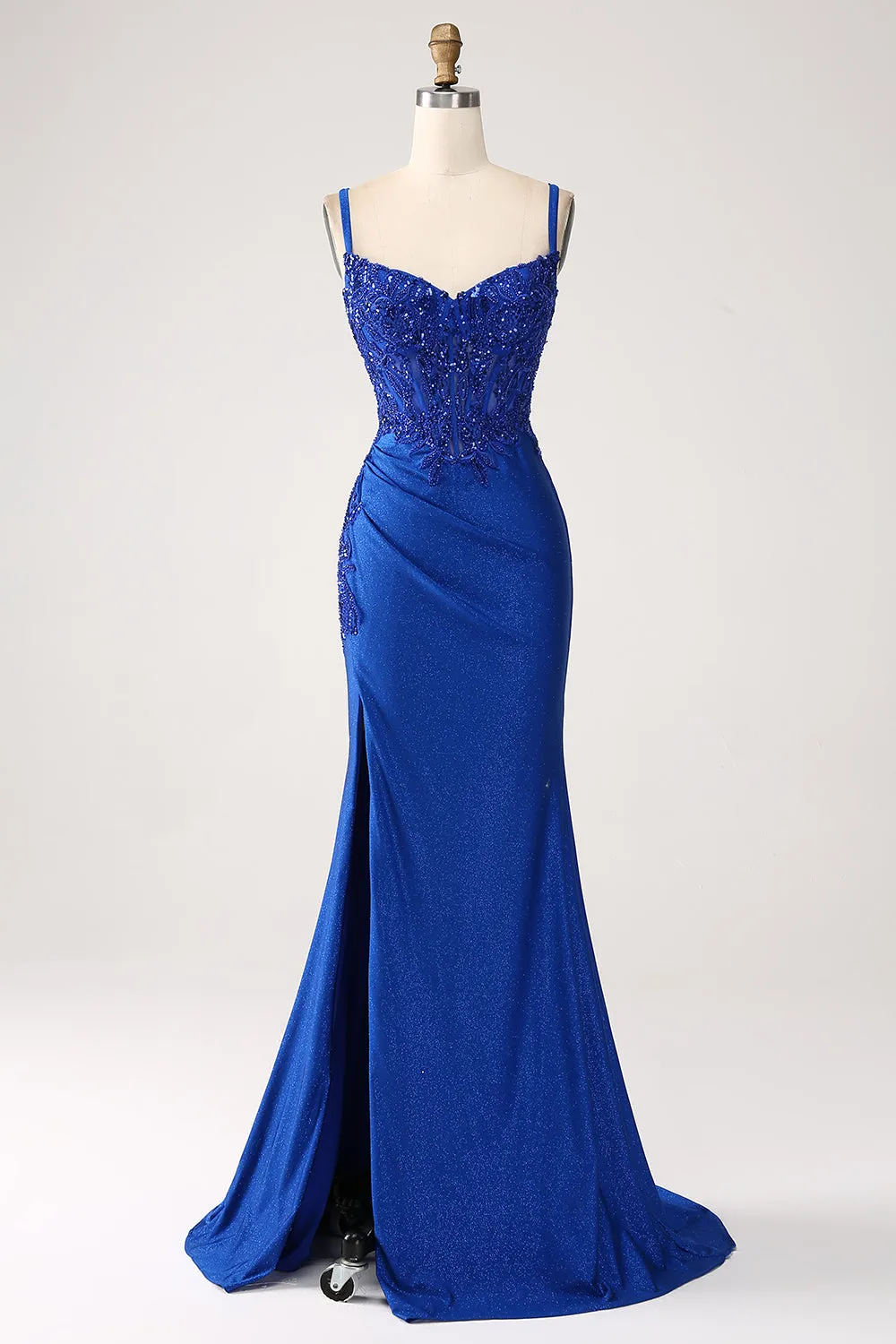 Glitter Royal Blue Mermaid Spaghetti Straps Long Prom Dress with Appliques sold by Zapaka