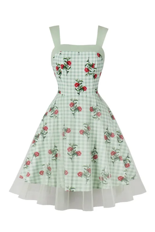 Green Plaid Swing 1950s Dress with Floral Printed sold by Zapaka