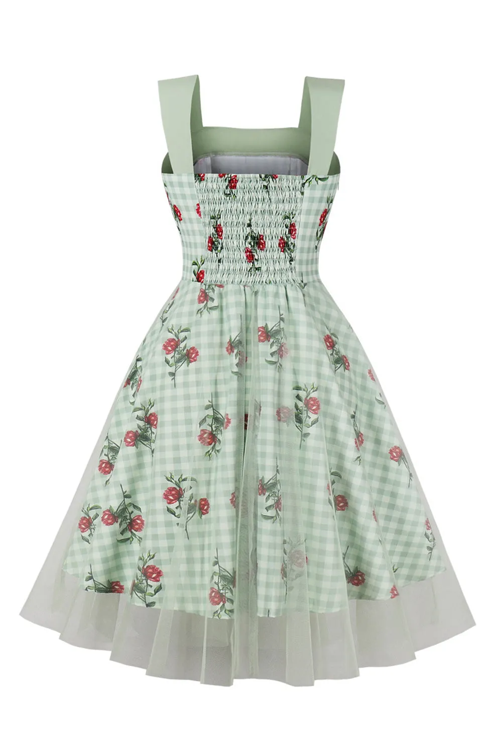 Green Plaid Swing 1950s Dress with Floral Printed sold by Zapaka product image thumbnail 2