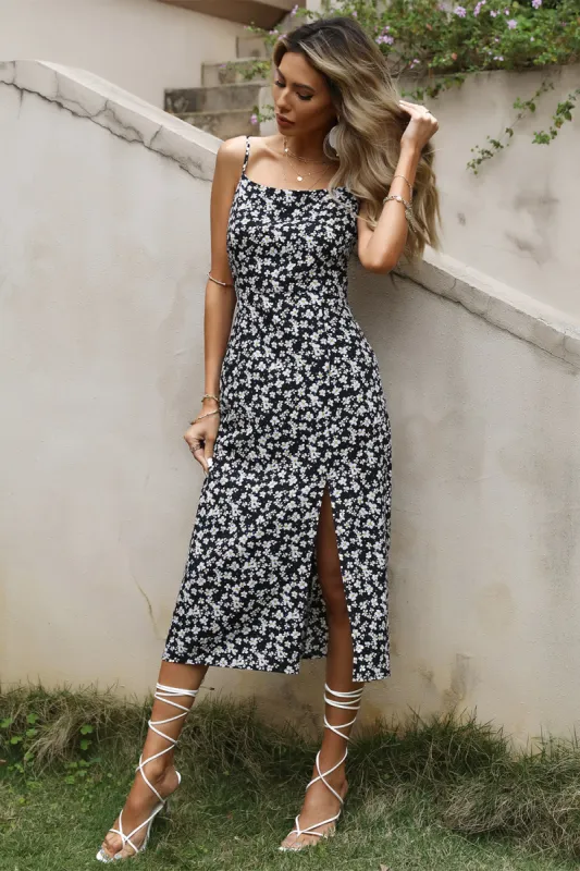 Black Print Summer Dress with Slit sold by Zapaka