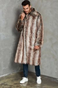 Coffee Lapel Neck Long Open Front Faux Fur Men Coat sold by Zapaka