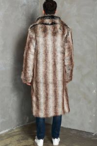 Coffee Lapel Neck Long Open Front Faux Fur Men Coat sold by Zapaka