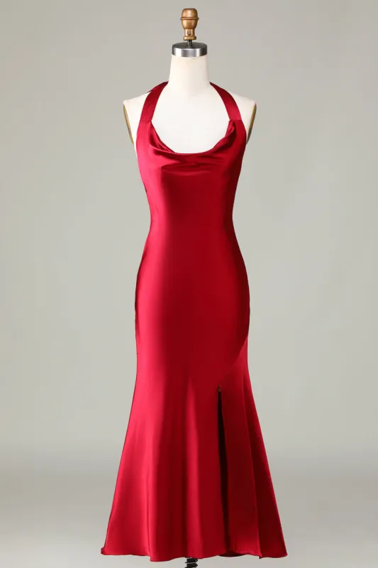 Halter Sleeveless Burgundy Long Bridesmaid Dress with Slit sold by Zapaka
