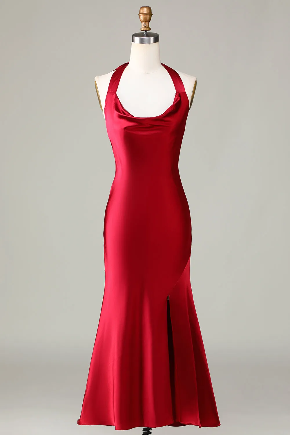 Halter Sleeveless Burgundy Long Bridesmaid Dress with Slit sold by Zapaka