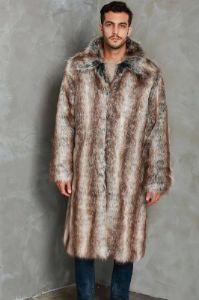 Coffee Lapel Neck Long Open Front Faux Fur Men Coat sold by Zapaka