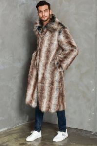Coffee Lapel Neck Long Open Front Faux Fur Men Coat sold by Zapaka