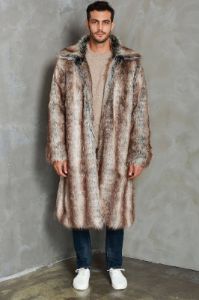 Coffee Lapel Neck Long Open Front Faux Fur Men Coat sold by Zapaka
