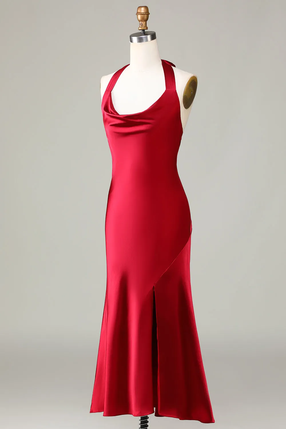 Halter Sleeveless Burgundy Long Bridesmaid Dress with Slit sold by Zapaka product image thumbnail 3