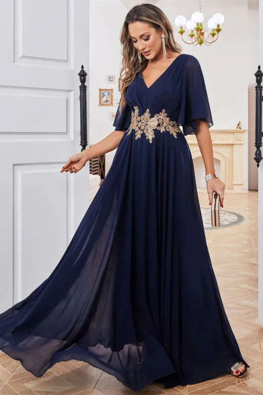 Navy A-line Chiffon V-neck Short Sleeve Mother of Bride Dress sold by Zapaka
