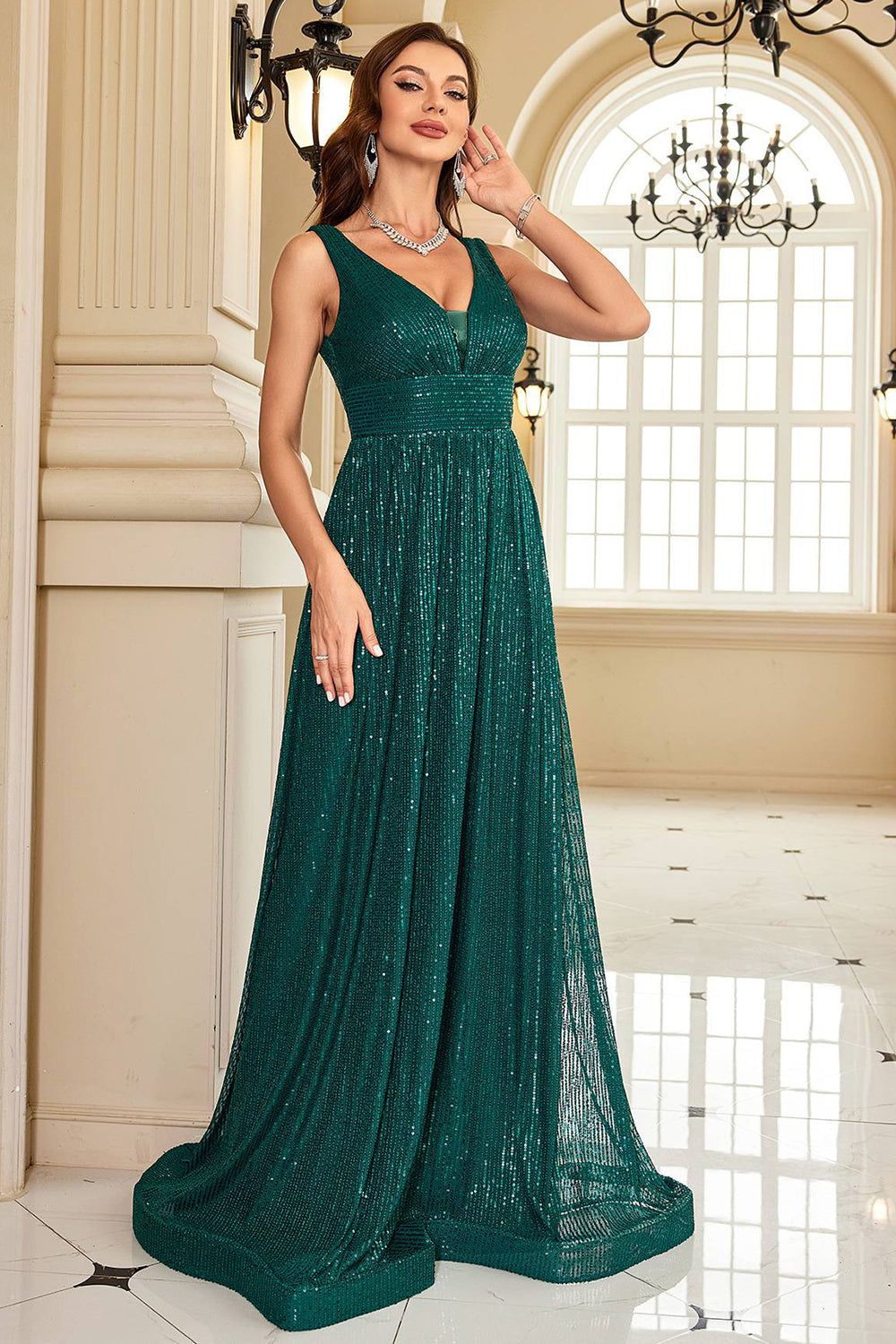 Sequins A Line V-neck Dark Green Formal Dress sold by Zapaka product image thumbnail 5