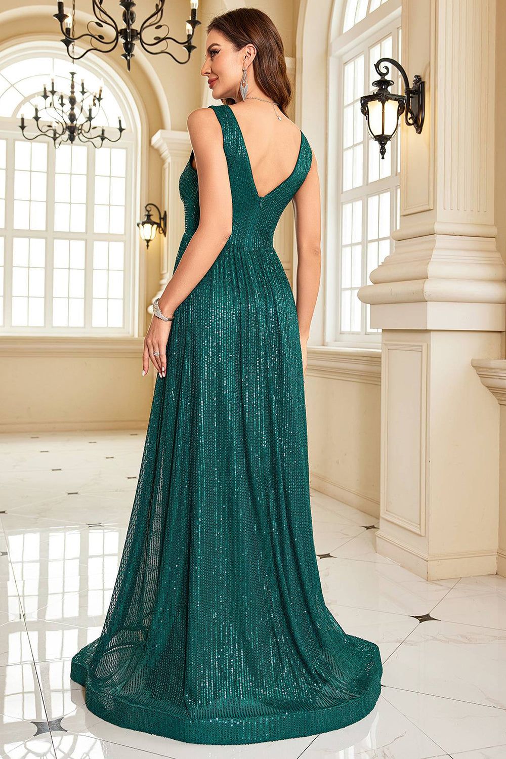 Sequins A Line V-neck Dark Green Formal Dress sold by Zapaka product image thumbnail 2