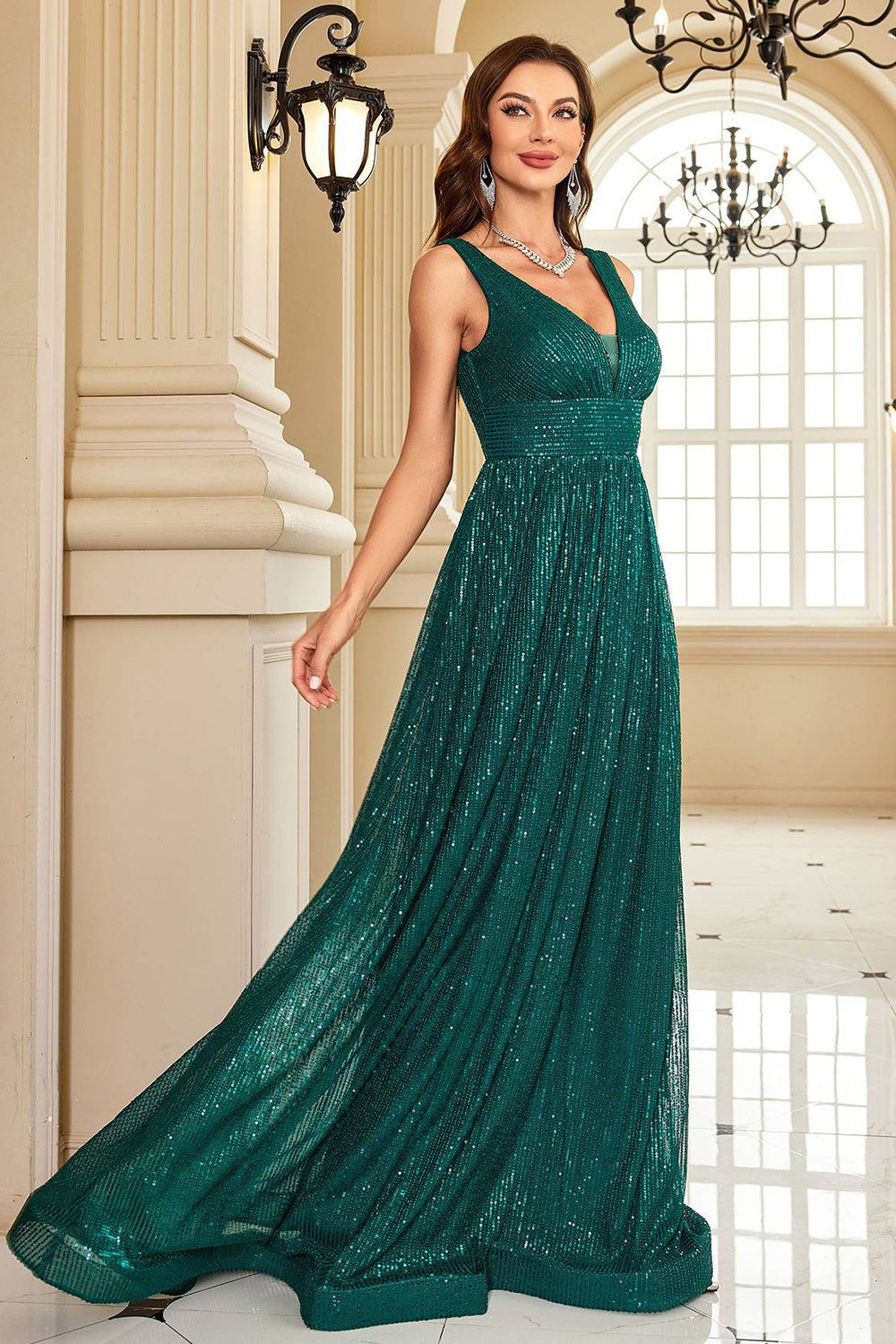 Sequins A Line V-neck Dark Green Formal Dress sold by Zapaka product image thumbnail 3