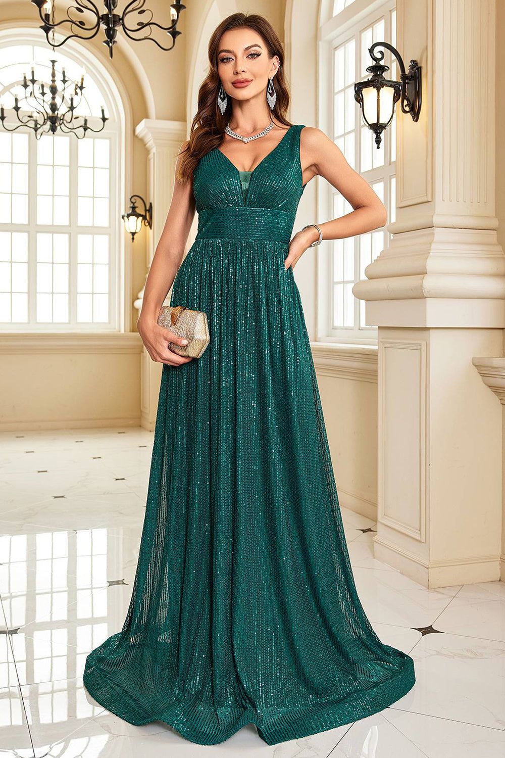 salsation Ｖネックトップス   dark green Sequins A Line V-neck Dark Green Formal Dress | Parallel
