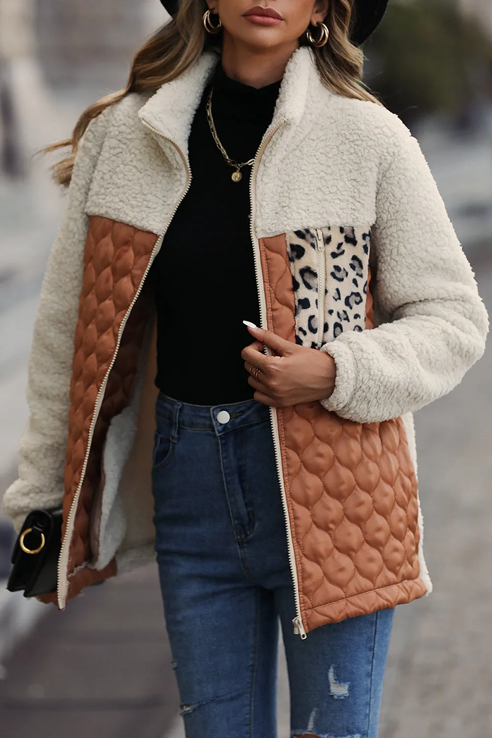 Coffee Patchwork Zipper Leopard Jacket sold by Zapaka product image thumbnail 4