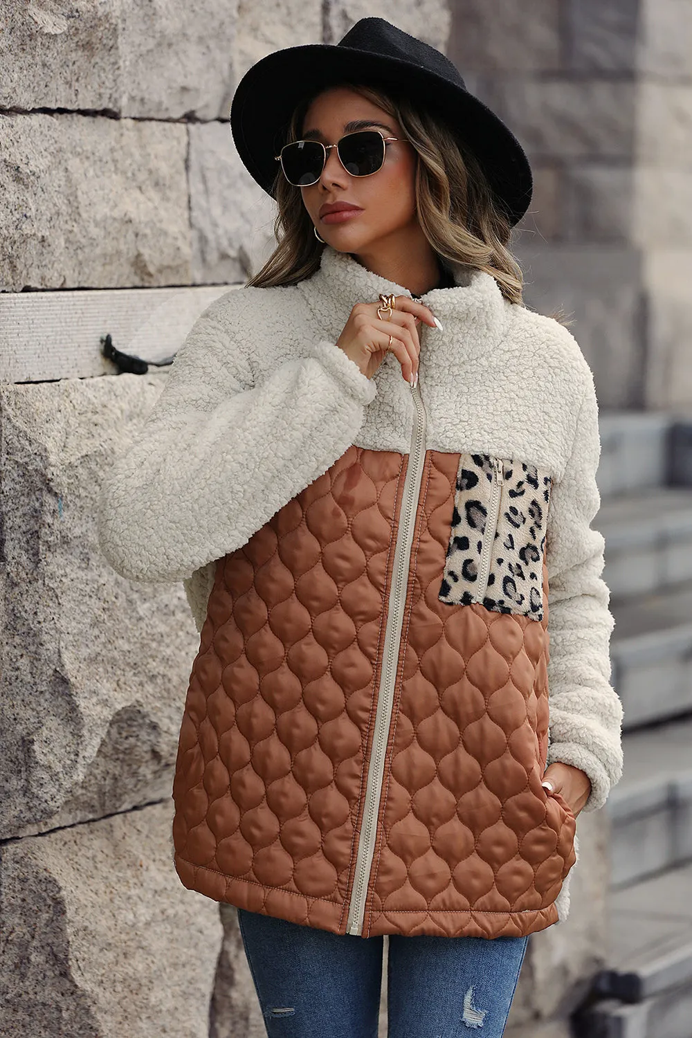 Coffee Patchwork Zipper Leopard Jacket sold by Zapaka product image thumbnail 3
