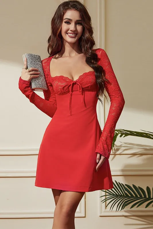 Red A-Line Lace Long Sleeves Short Party Dress sold by Zapaka